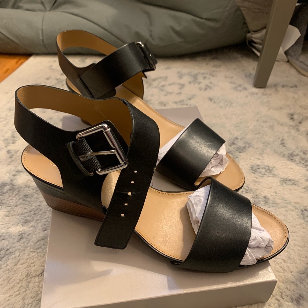 Franco Sarto Black and Tan Wedge Sandals